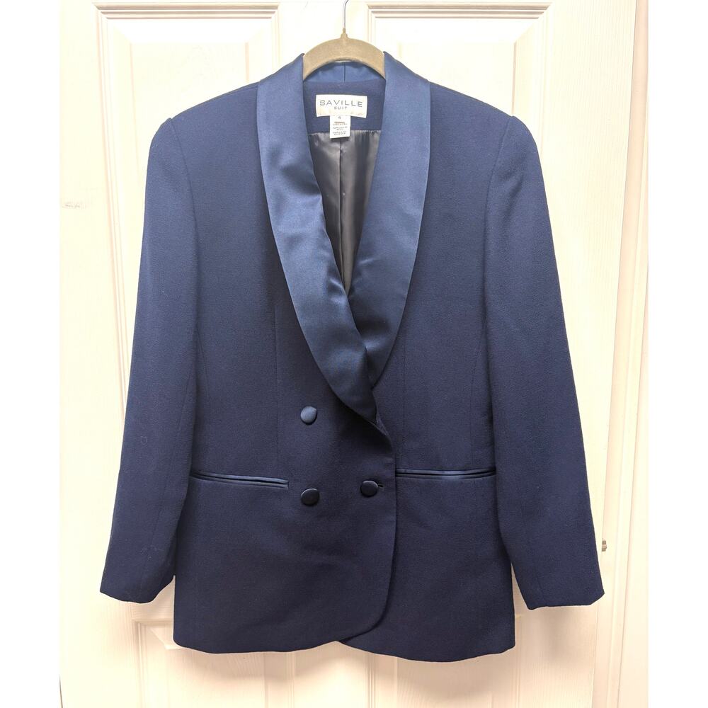 Saville Suit Blazer Navy Blue Wool Satin Lapel Lined Double Breasted Women's 4